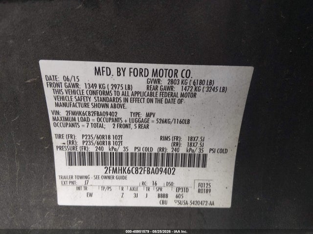 Ford FLEX SEL 2015 2FMHK6C82FBA09402 Image 9