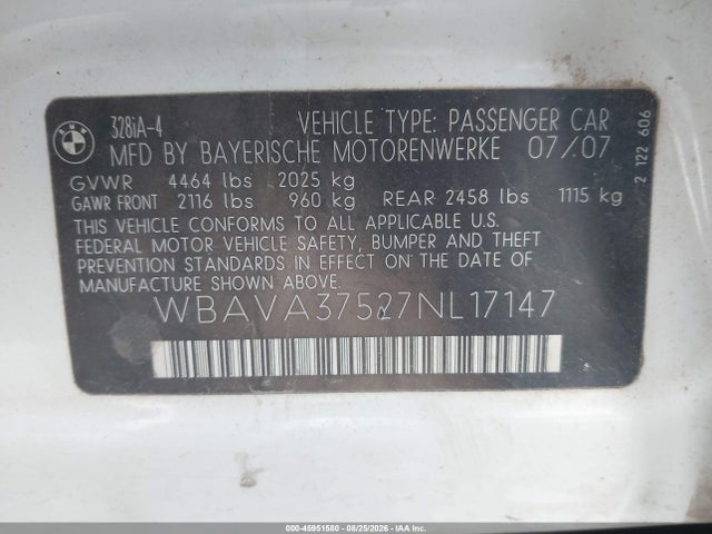 2007 Bmw 328i მანქანა იყიდება აუქციონზე, vin: WBAVA37527NL17147, აუქციონის ნომერი: 45951580