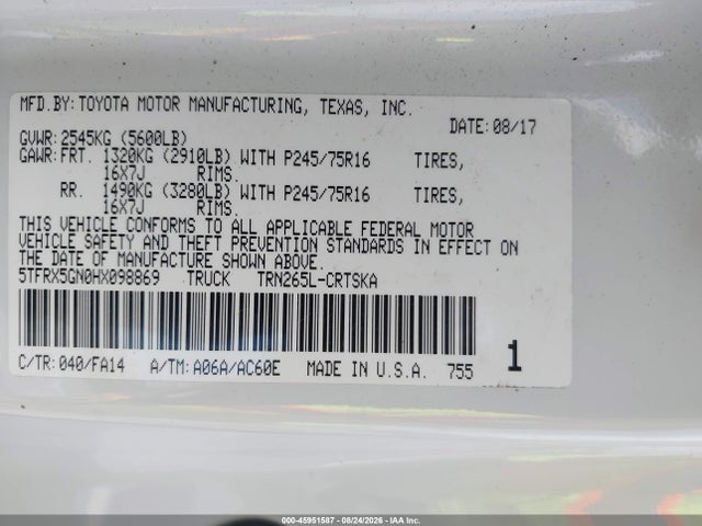 45951587 :رقم المزاد ، 5TFRX5GN0HX098869 vin ، 2017 Toyota Tacoma Sr مزاد بيع