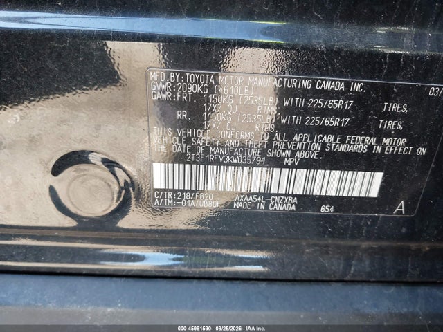 Aukcja sprzedaży 2019 Toyota Rav4 Le, vin: 2T3F1RFV3KW035791, numer aukcji: 45951590