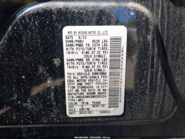 2011 Nissan Rogue S მანქანა იყიდება აუქციონზე, vin: JN8AS5MV3BW265324, აუქციონის ნომერი: 45951602