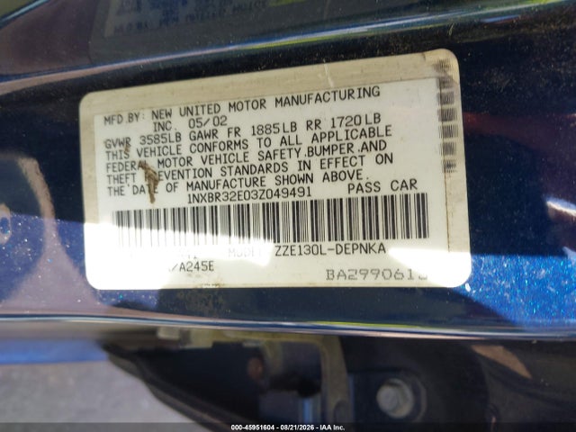 45951604 :رقم المزاد ، 1NXBR32E03Z049491 vin ، 2003 Toyota Corolla Le مزاد بيع