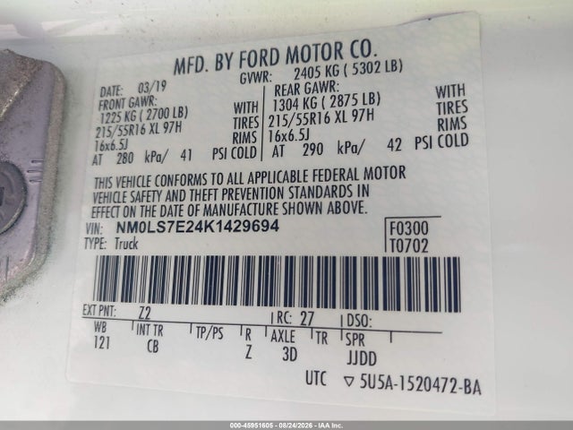 2019 Ford Transit Connect Xl მანქანა იყიდება აუქციონზე, vin: NM0LS7E24K1429694, აუქციონის ნომერი: 45951605