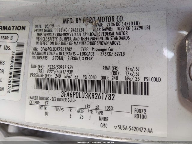Ford Fusion Hybrid Se 2019 3FA6P0LU3KR261782 Image 9