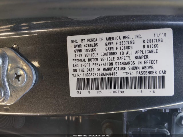 Продаж на аукціоні авто 2011 Honda Accord 2.4 Lx, vin: 1HGCP2F30BA048408, номер лоту: 45951610