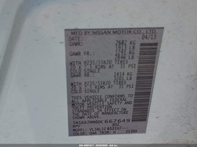 Aukcja sprzedaży 2013 Nissan Pathfinder Platinum, vin: 5N1AR2MN6DC667649, numer aukcji: 45951617