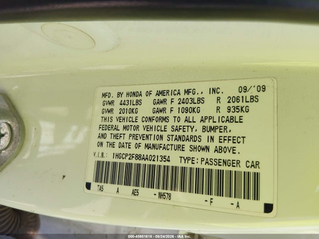 45951618 :رقم المزاد ، 1HGCP2F88AA021354 vin ، 2010 Honda Accord 2.4 Ex-l مزاد بيع
