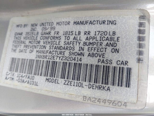 2000 Toyota Corolla Ve მანქანა იყიდება აუქციონზე, vin: 1NXBR12E7YZ320414, აუქციონის ნომერი: 45951626
