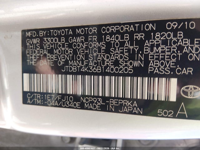 45951627 :رقم المزاد ، JTDBT4K36B1400205 vin ، 2011 Toyota Yaris مزاد بيع