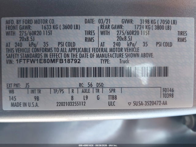 Aukcja sprzedaży 2021 Ford F-150 Platinum, vin: 1FTFW1E80MFB18792, numer aukcji: 45951628