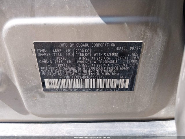 Subaru Outback 2.5i Limited 2018 4S4BSANC6J3208875 Image 9