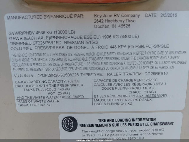 Продаж на аукціоні авто 2016 Keystone Cougar, vin: 4YDF29R28G2508225, номер лоту: 45951651