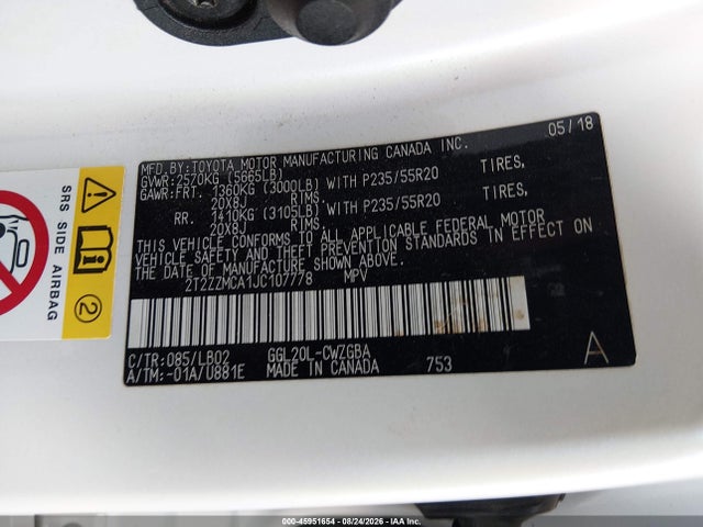 45951654 :رقم المزاد ، 2T2ZZMCA1JC107778 vin ، 2018 Lexus Rx 350 مزاد بيع