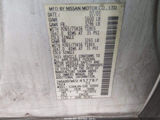 Продажа на аукционе авто 2005 Nissan Frontier Crew Cab Le/se/off Road, vin: 1N6AD07W65C457787, номер лота: 45951656