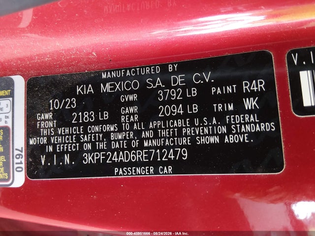 Продаж на аукціоні авто 2024 Kia Forte Lxs, vin: 3KPF24AD6RE712479, номер лоту: 45951666
