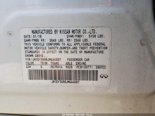 Продажа на аукционе авто 2018 Infiniti Q50 3.0t Luxe, vin: JN1EV7AR8JM444687, номер лота: 45951668