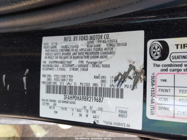 Aukcja sprzedaży 2011 Ford Fusion Se, vin: 3FAHP0HA9BR219687, numer aukcji: 45951672