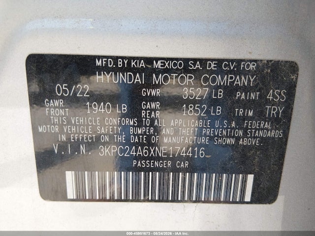 2022 Hyundai Accent Se მანქანა იყიდება აუქციონზე, vin: 3KPC24A6XNE174416, აუქციონის ნომერი: 45951673