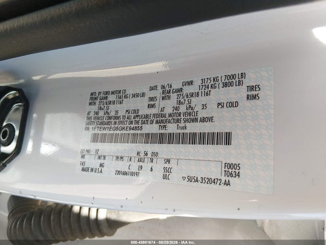 45951674 :رقم المزاد ، 1FTEW1EG5GKE94855 vin ، 2016 Ford F-150 Xlt مزاد بيع
