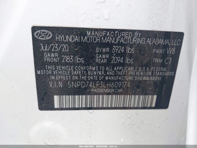 45951682 :رقم المزاد ، 5NPD74LF3LH609174 vin ، 2020 Hyundai Elantra Se مزاد بيع