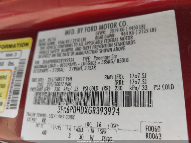 Aukcja sprzedaży 2016 Ford Fusion Se, vin: 3FA6P0HDXGR393924, numer aukcji: 45951688