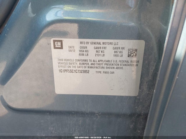 45951695 :رقم المزاد ، 1G1PF5SC1C7323852 vin ، 2012 Chevrolet Cruze 1lt مزاد بيع