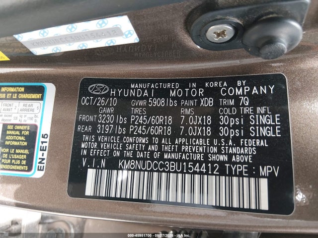 Aukcja sprzedaży 2011 Hyundai Veracruz Limited, vin: KM8NUDCC3BU154412, numer aukcji: 45951700