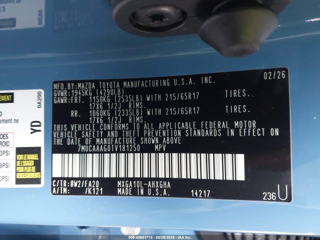 45951713 :رقم المزاد ، 7MUCAAAG0TV181250 vin ، 2026 Toyota Corolla Cross Le مزاد بيع