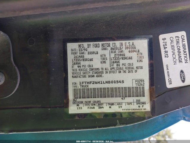 1990 Ford F250 მანქანა იყიდება აუქციონზე, vin: 1FTHF26H1LNB00545, აუქციონის ნომერი: 45951714