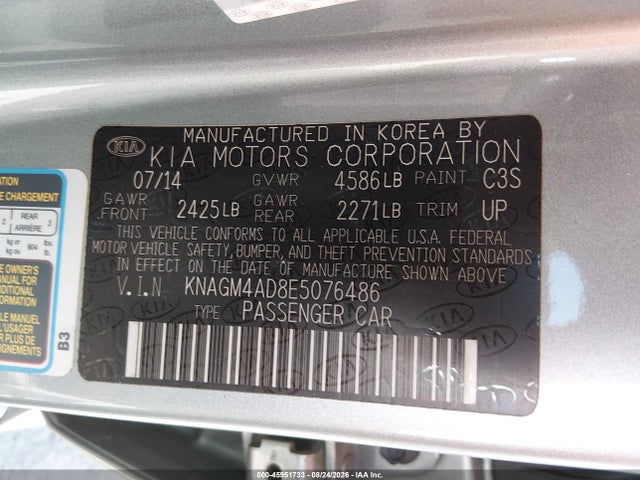 Auction sale of the 2014 Kia Optima Hybrid Lx, vin: KNAGM4AD8E5076486, lot number: 45951733