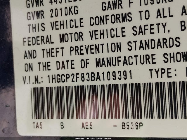 45951734 :رقم المزاد ، 1HGCP2F83BA109391 vin ، 2011 Honda Accord 2.4 Ex-l مزاد بيع