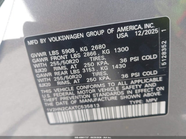 2026 Volkswagen Atlas Se With Technology მანქანა იყიდება აუქციონზე, vin: 1V2HN2CAXTC535813, აუქციონის ნომერი: 45951737