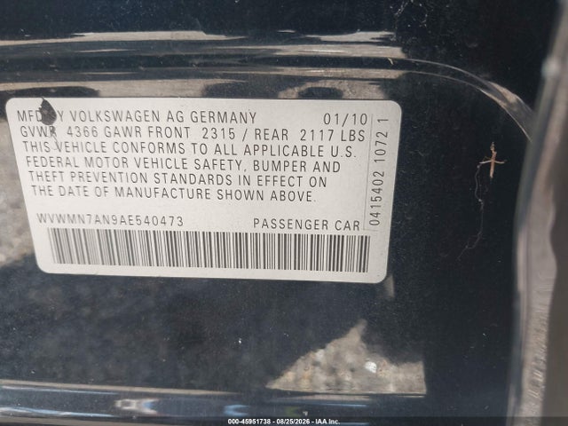 45951738 :رقم المزاد ، WVWMN7AN9AE540473 vin ، 2010 Volkswagen Cc Sport مزاد بيع