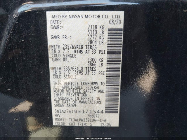 45951739 :رقم المزاد ، 5N1AZ2AJ4LN171544 vin ، 2020 Nissan Murano S Fwd مزاد بيع