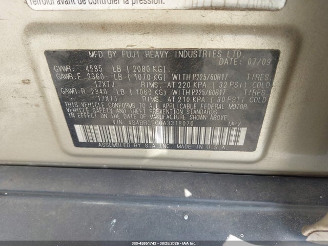 Продаж на аукціоні авто 2010 Subaru Outback 2.5i Premium, vin: 4S4BRCEC0A3318070, номер лоту: 45951742