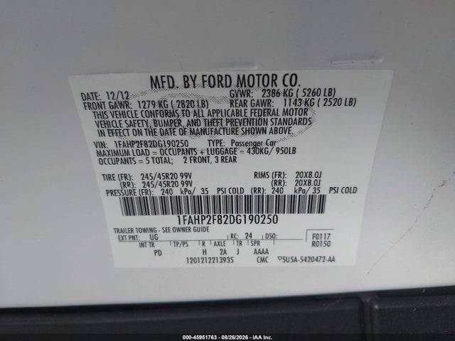 Aukcja sprzedaży 2013 Ford Taurus Limited, vin: 1FAHP2F82DG190250, numer aukcji: 45951763