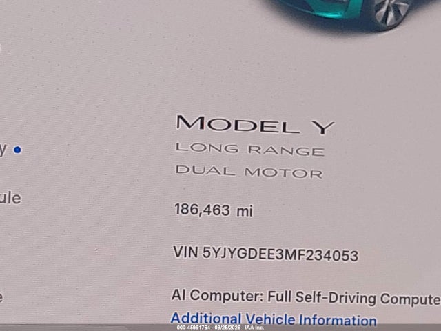 Aukcja sprzedaży 2021 Tesla Model Y Long Range Dual Motor All-wheel Drive, vin: 5YJYGDEE3MF234053, numer aukcji: 45951764