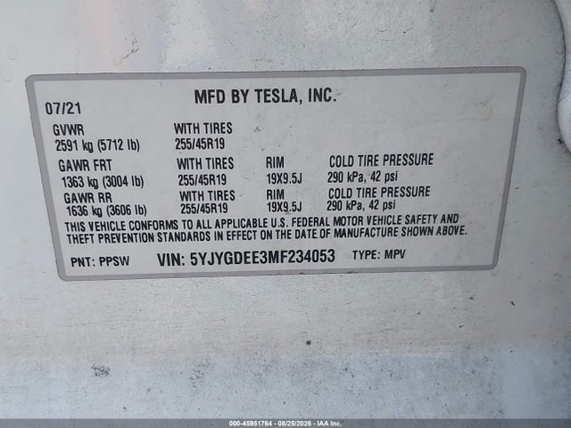 Aukcja sprzedaży 2021 Tesla Model Y Long Range Dual Motor All-wheel Drive, vin: 5YJYGDEE3MF234053, numer aukcji: 45951764