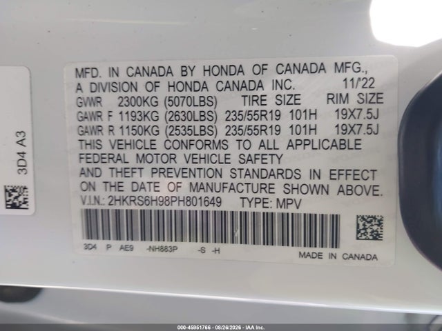 45951766 :رقم المزاد ، 2HKRS6H98PH801649 vin ، 2023 Honda Cr-v Hybrid Sport Touring مزاد بيع