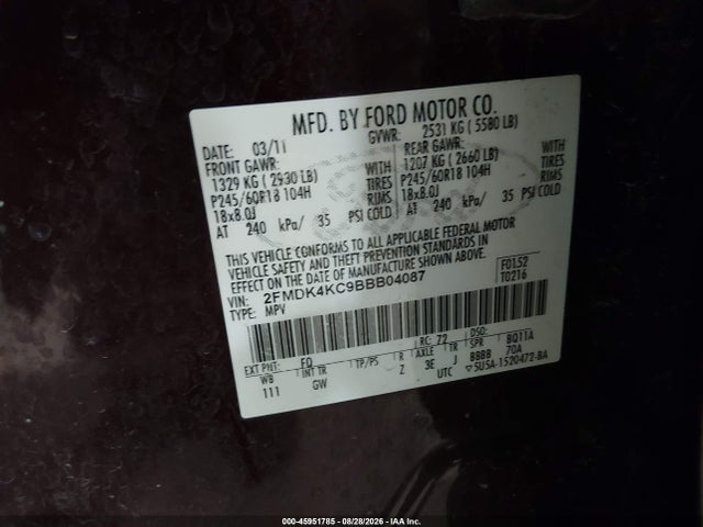 45951785 :رقم المزاد ، 2FMDK4KC9BBB04087 vin ، 2011 Ford Edge Limited مزاد بيع