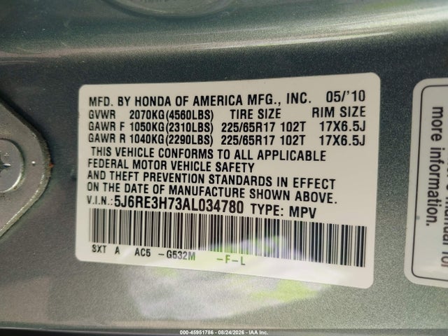 45951786 :رقم المزاد ، 5J6RE3H73AL034780 vin ، 2010 Honda Cr-v Ex-l مزاد بيع