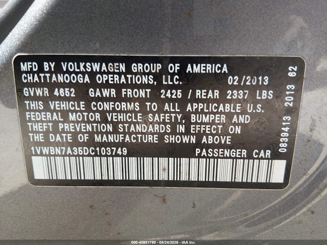 45951790 :رقم المزاد ، 1VWBN7A35DC103749 vin ، 2013 Volkswagen Passat 2.0l Tdi Se مزاد بيع