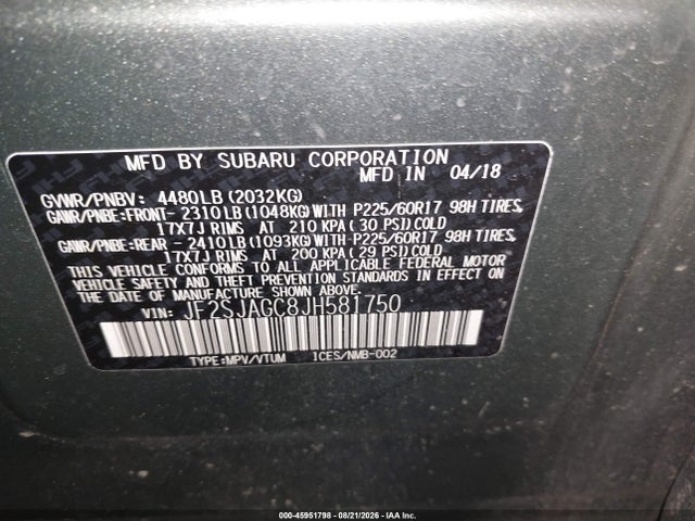 45951798 :رقم المزاد ، JF2SJAGC8JH581750 vin ، 2018 Subaru Forester 2.5i Premium مزاد بيع