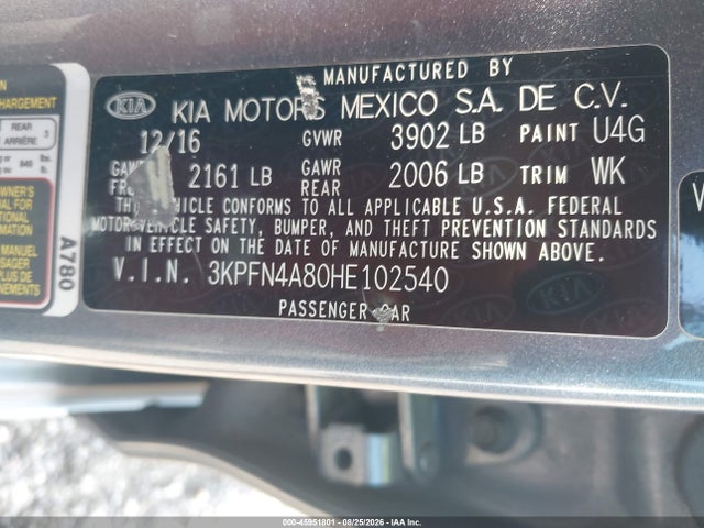 45951801 :رقم المزاد ، 3KPFN4A80HE102540 vin ، 2017 Kia Forte Ex مزاد بيع