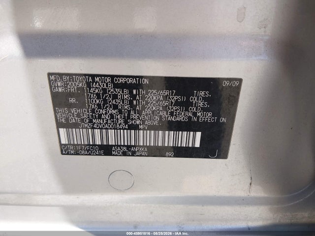 45951816 :رقم المزاد ، JTMZF4DV0AD018494 vin ، 2010 Toyota Rav4 مزاد بيع