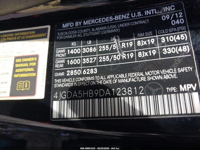 2013 Mercedes-benz Ml 350 4matic მანქანა იყიდება აუქციონზე, vin: 4JGDA5HB9DA123812, აუქციონის ნომერი: 45951833