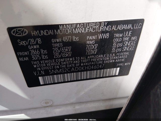 Продаж на аукціоні авто 2019 Hyundai Santa Fe Se, vin: 5NMS2CAD0KH046047, номер лоту: 45951845