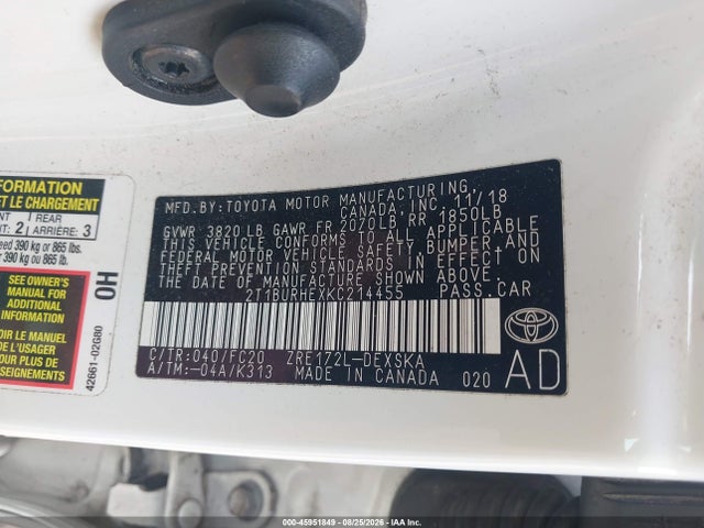 45951849 :رقم المزاد ، 2T1BURHEXKC214455 vin ، 2019 Toyota Corolla Se مزاد بيع