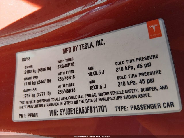 Tesla Model 3 Long Range/mid Range 2018 5YJ3E1EA5JF011701 Image 9