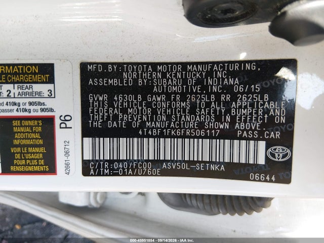 45951854 :رقم المزاد ، 4T4BF1FK6FR506117 vin ، 2015 Toyota Camry Le مزاد بيع